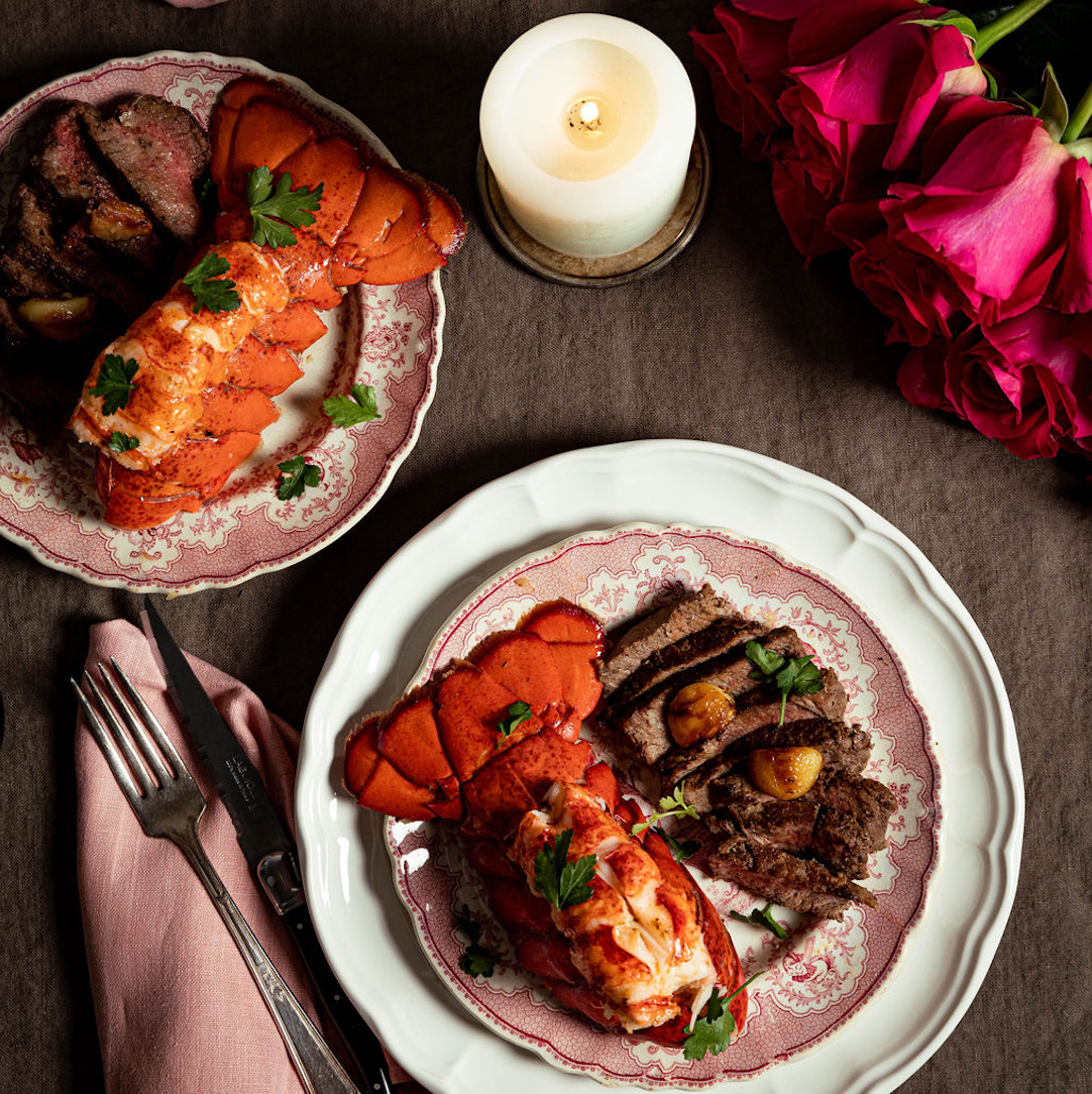 Load image into Gallery viewer, Two Lobster Tails and Two Beef Tenderloin plated
