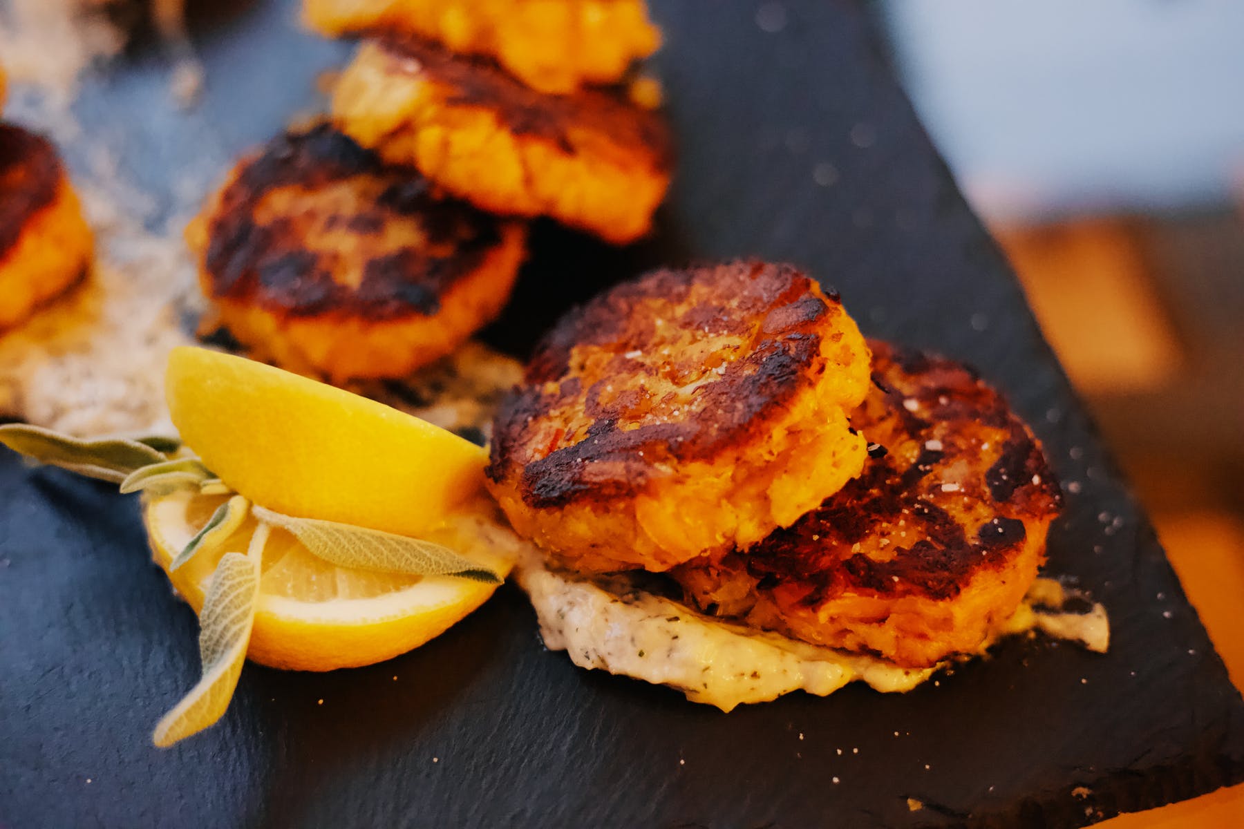 Butternut Squash and Jonah Crab Cakes With Roasted Garlic Purée