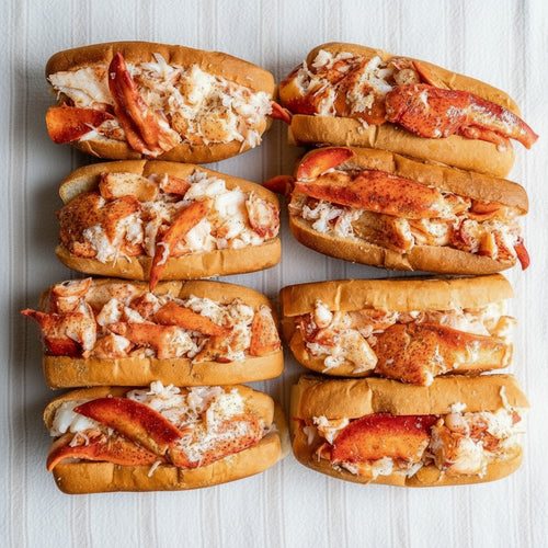 Multiple lobster rolls arranged in a grid on a white striped table cloth
