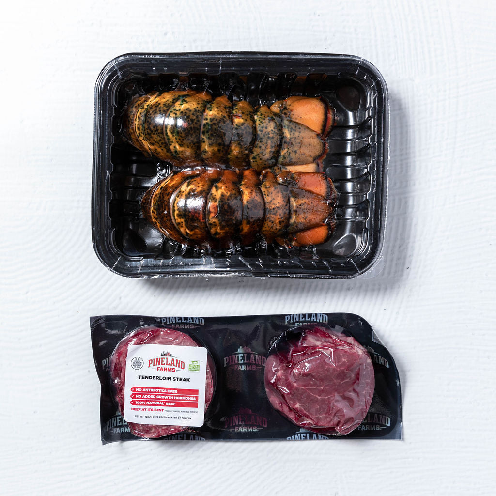 Load image into Gallery viewer, Two Lobster Tails and Two Beef Tenderloin Packaging
